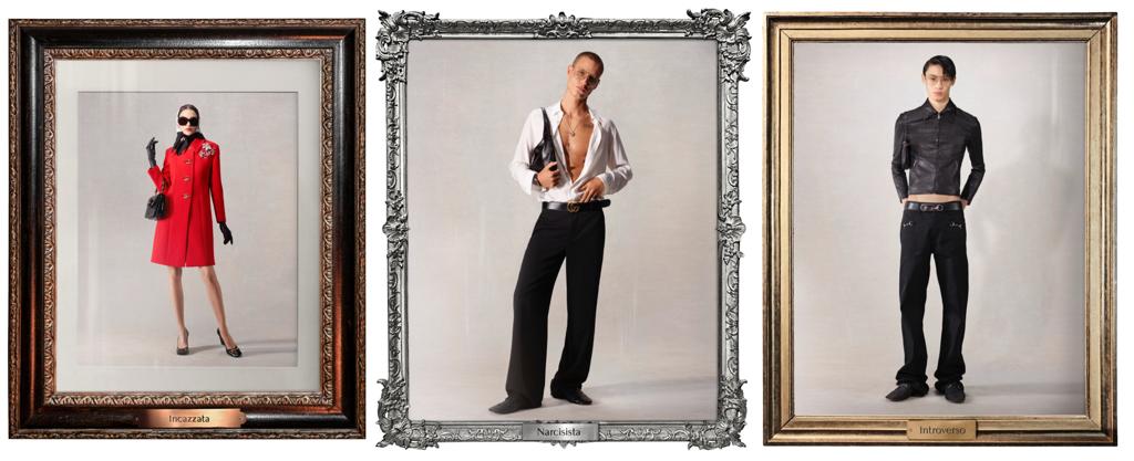 《La Famiglia》共釋出38套造型,分別有對應角色,左起暴躁的女人、自戀型人格、害羞的人。(GUCCI提供)