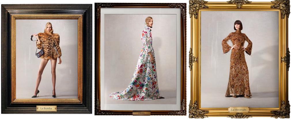 《La Famiglia》共釋出38套造型,分別有對應角色,左起性感尤物(左起)、花、藝術贊助人。(GUCCI提供)