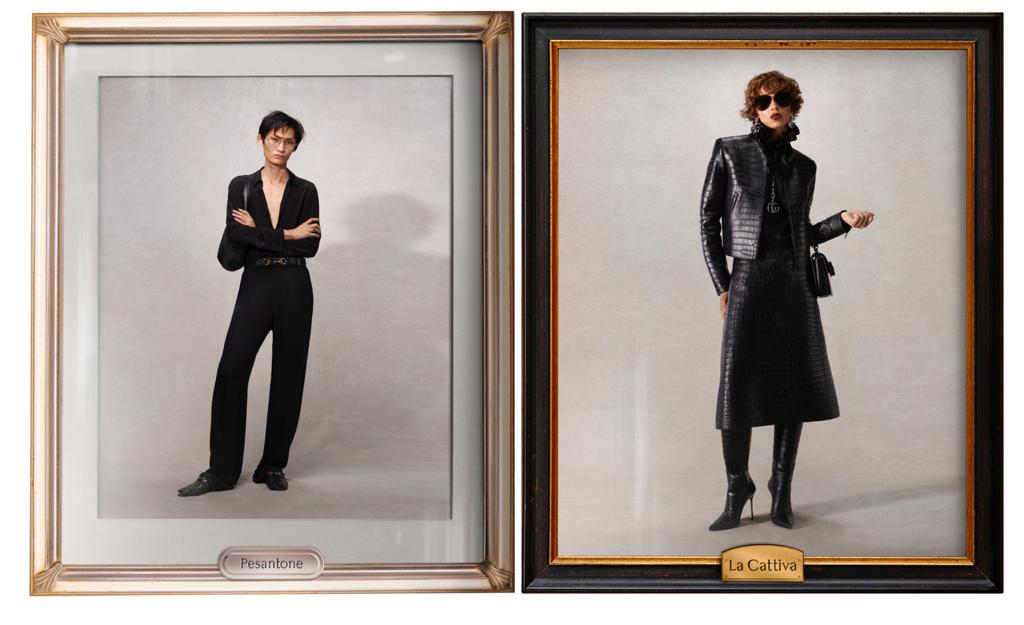 這兩套有點Tom Ford時期古馳的風格,左起為愛說教的人、壞女人。(GUCCI提供)