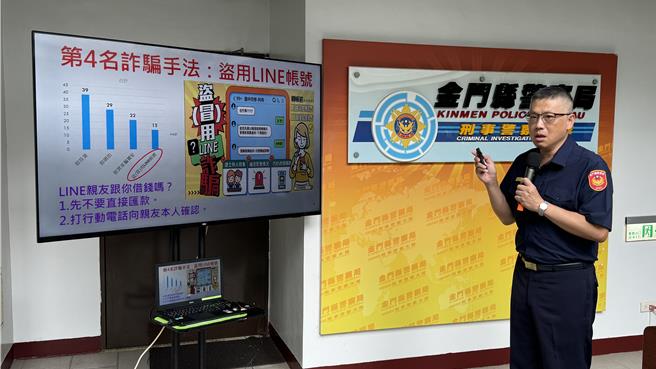 金门县警局今日举行破案记者会，由局长黄壬聪分析诈欺集团惯用手法。(于家麒摄)