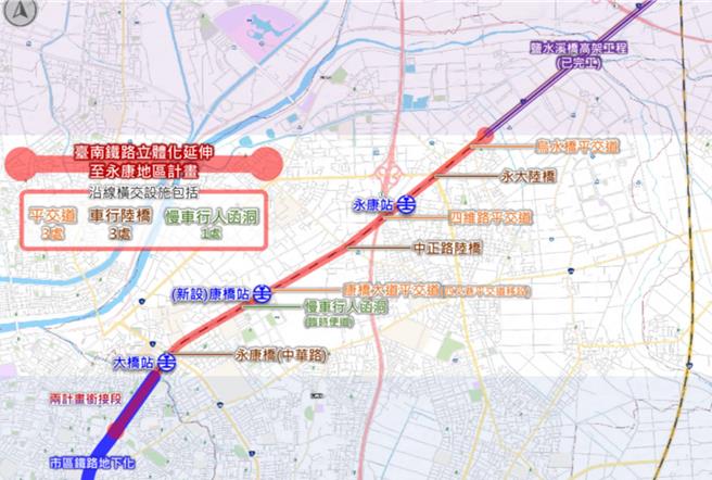 台南永康铁路地下化路线图。（交通局提供／洪荣志台南传真）