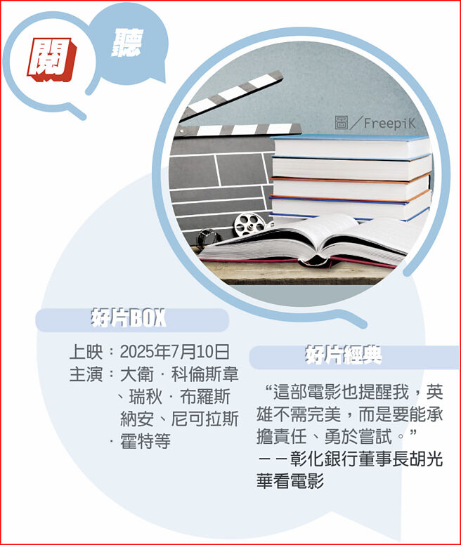 好片BOX》上映：2025年7月10日。主演：大衛．科倫斯韋、瑞秋．布羅斯、納安、尼可拉斯．霍特等。　好片經典》"這部電影也提醒我，英雄不需完美，而是要能承擔責任、勇於嘗試。"－－彰化銀行董事長胡光華看電影　圖／FreepiK
