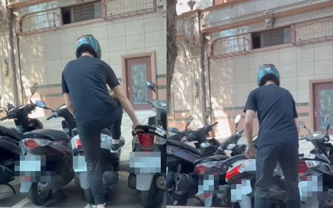 一名騎士猛拉機車還導致傾倒，最終再把自己的機車停好。（圖／翻攝自臉書林口大家庭LinKou-Family）