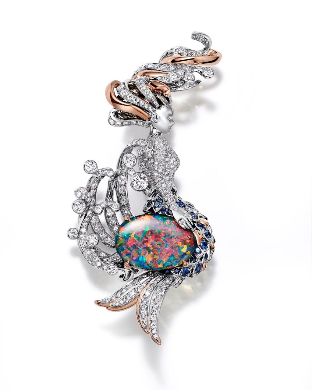 蒂芙尼Blue Book系列海靈仙姿(Mermaid)黑色蛋白石胸針。(Tiffany & Co.提供)