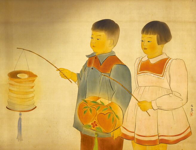 林阿琴1952年膠彩畫《元宵》,以子女充當模特兒,榮獲第十五屆「臺陽獎」國畫部特選(即第一名)的殊榮。(郭珠美提供) 林阿琴1952年膠彩畫《元宵》,以子女充當模特兒,榮獲第十五屆「臺陽獎」國畫部特選(即第一名)的殊榮。(郭珠美提供)