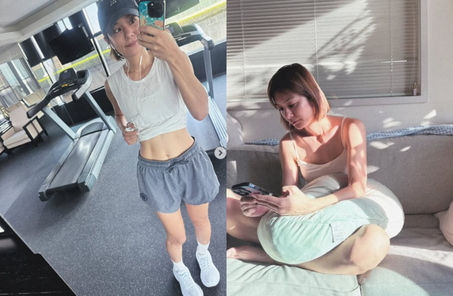 莎莎自律運動維持好身材，笑說「川字肌微歸位」。（圖／翻攝自Instagram @saaaaaaasaaaaaaa）