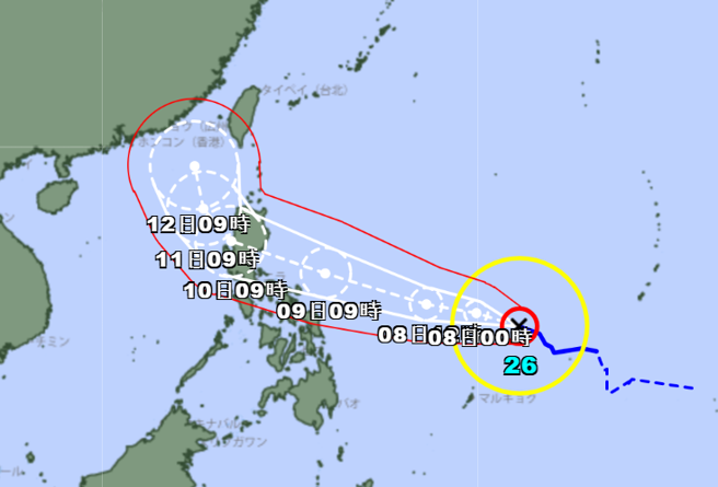日本氣象聽今中午12時對鳳凰颱風的最新預估路徑圖。（圖取自日本氣象廳）