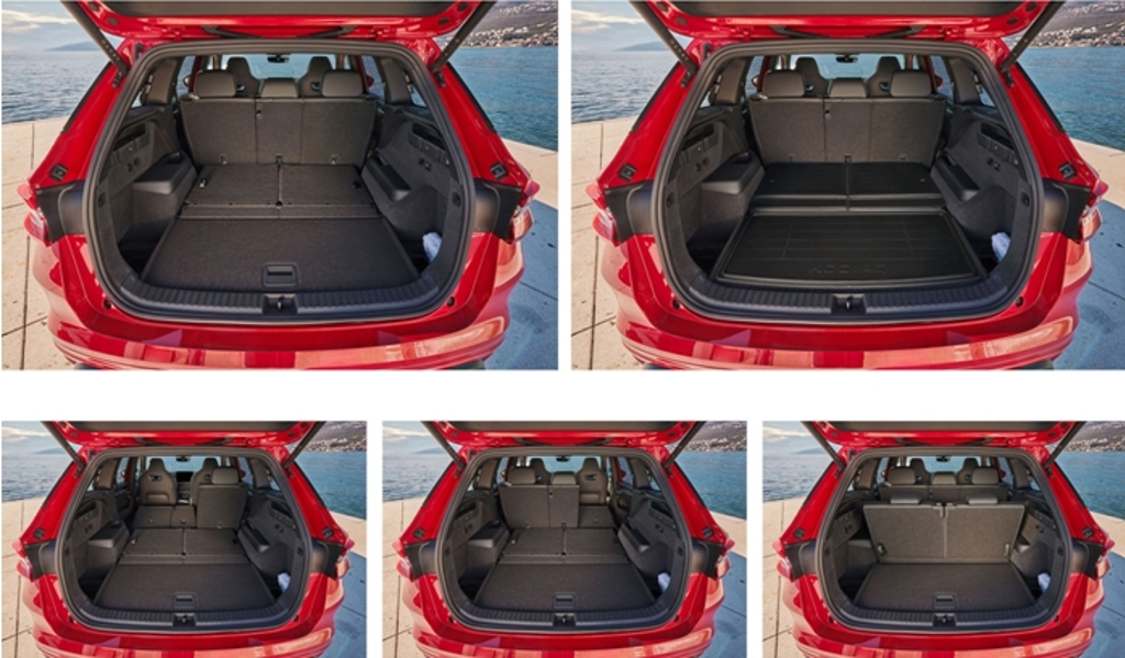 受惠於第二排40:20:40座椅及第三排座椅皆可前傾打平，行李廂容量可340L擴大至2035L，還可依照裝載物品的長短、大小調整出不同模式，廠方貼心提供的雙面墊板（上圖左絨面、上圖右防污面）可依物品的性質轉換使用。（Škoda提供）