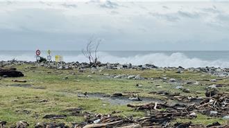 鳳凰颱風外圍浪襲台東海濱 大片漂流木浪拍上岸