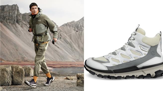 ECCO為雨天穿搭提供多元選項，包括GORE-TEX三層防水科技工裝外套2萬9800元、BIOM 2.2 TRL戶外運動防水鞋9980元。（ECCO提供／朱世凱台北傳真）