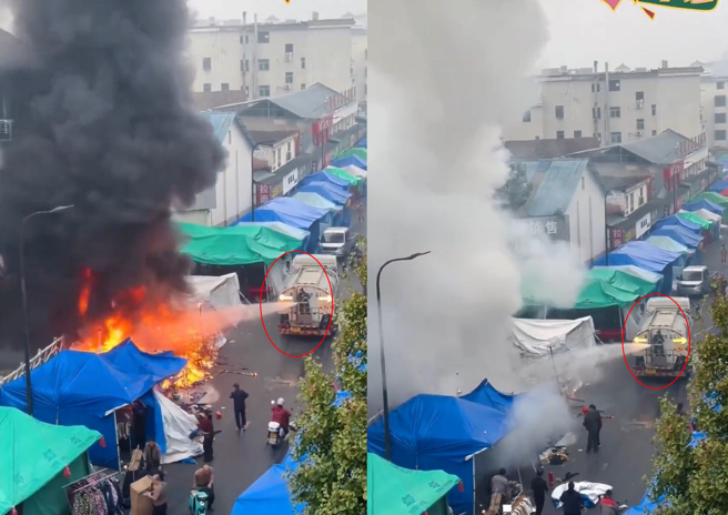 大陸一處市場內攤販發生火警，現場烈焰濃煙竄天，一輛灑水車大姊到場，自備BGM灑水灌救。（翻攝微博）