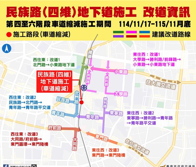 台南市東區民族路四維地下道施工改道資訊。（交通局提供／洪榮志台南傳真）