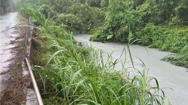 台鐵花蓮光復隧道北口上方因馬太鞍溪水暴漲淹水，台鐵公司考量安全，今天中午12時起，鳳林=瑞穗間列車預防性停駛。（民眾提供／羅亦晽花蓮傳真）