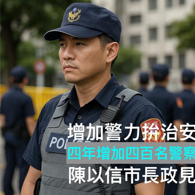 陳以信喊要提升台南治安，宣布將在4年任內每年增聘100名警察，總計增加400名警力。（陳以信提供／曹婷婷台南傳真）