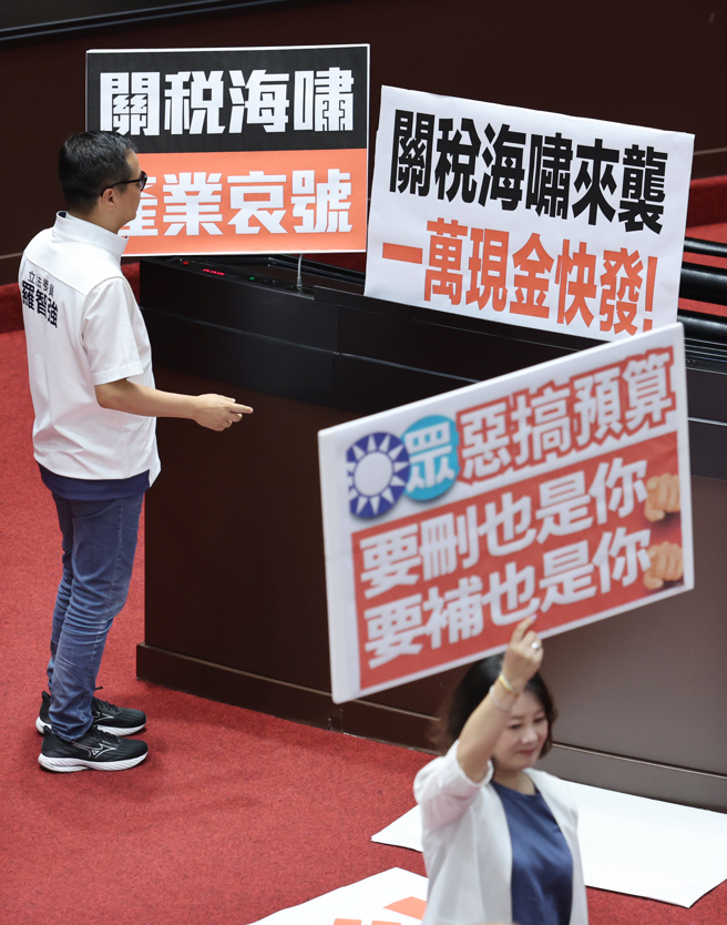 圖為立法院8月1日院會表決通過民眾黨提案，要求行政院立即補足地方一般性補助款，吳思瑤（下）高舉標語，抗議藍白惡搞預算，國民黨立委羅智強（上左）則在場內放置「關稅海嘯來襲」標語，呼籲政府快點普發現金1萬元。（中時資料照，姚志平攝）