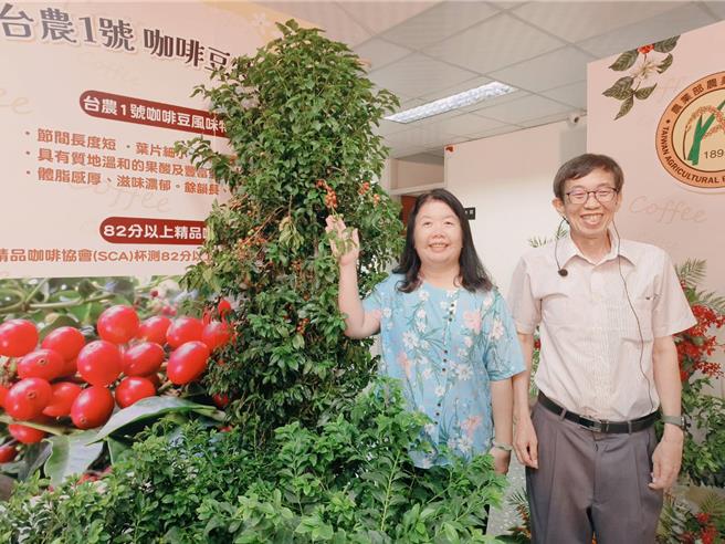 嘉义农试所代理所长张哲玮、副研究员张淑芬推荐首支本土育成咖啡品种「台农咖啡1号」。（廖素慧摄）
