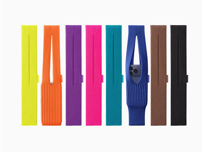 iPhone Pocket短背帶款提供8種顏色，包括檸檬黃色、柑橘橙色、紫色、粉紅色、孔雀色、寶藍色、肉桂棕色和黑色。（圖／Apple）