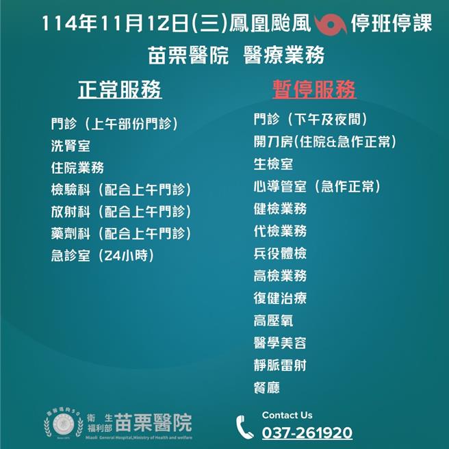 2025年11月11日苗栗縣／衛生福利部苗栗醫院因應鳳凰颱風來襲，11月12日上午門診照常、急診24小時服務不中斷，下午及夜間門診暫停，以維護民眾就醫安全。（衛生福利部苗栗醫院提供／呂麗甄苗栗傳真）