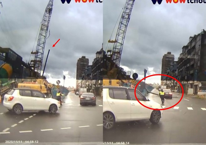 樹林大安路上的捷運工程，11日下午2時許發生工安意外，轎車險遭鐵管砸中，畫面相當驚人。（翻攝Wowtchout）