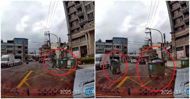 桃园有一名网友PO出昨日在桃园大园区驾车上班时，再见到垃圾桶被强风吹得在马路上乱跑，吓到直喊：「上班遇到垃圾桶飞弹怎么躲？」（图／翻摄Threads／wghwgh0312）