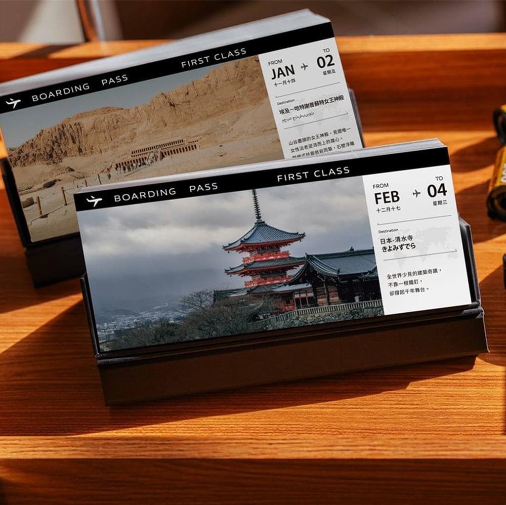  「2025誠品禮物節」引進備註欄可寫上旅遊計畫的2026旅行機票日曆，J人必買。（誠品書店提供／徐梓榕台北傳真）