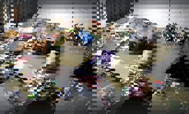 民眾外婆家一樓被水淹沒，家具漂浮在泥水中。（圖／網友@peijhen948授權提供）