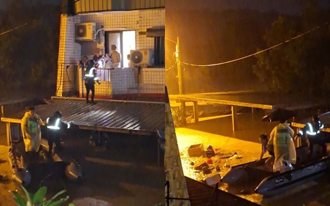 網友蘇澳老家一樓被淹沒，救難人員便開橡皮艇前來先將母親撤離。（圖／網友@dreamice0421授權提供）