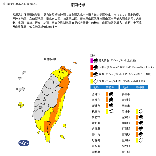 大雨特報。（圖取自氣象署網頁）