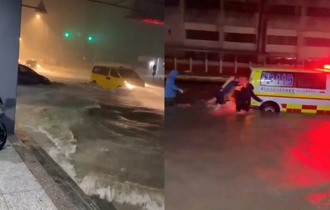 宜兰苏澳街上，淹水状况相当严重，民眾惊呼在家门口可以看到波浪，连救护车都差点挂点。（民眾提供）