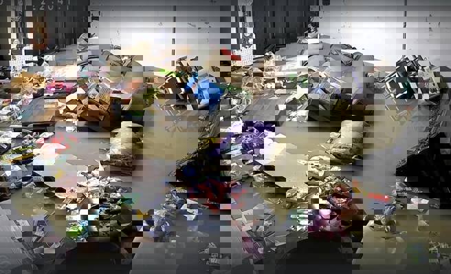 民眾外婆家一楼被水淹没，家具漂浮在泥水中。（图／网友@peijhen948授权提供）