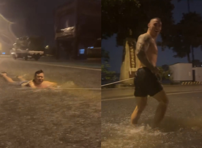 一行人本来在水中游泳打闹，没想到遇到一位阿公求救，立刻义不容辞前往帮忙。（翻摄网友＠0423mark_）