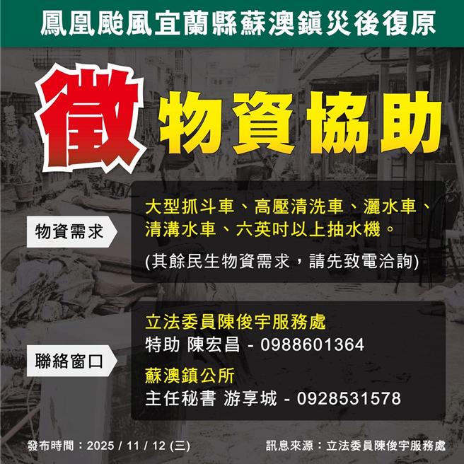 相关支援可洽立法委员陈俊宇服务处和苏澳镇公所。（苏澳镇公所提供／吴佩蓉宜兰传真）