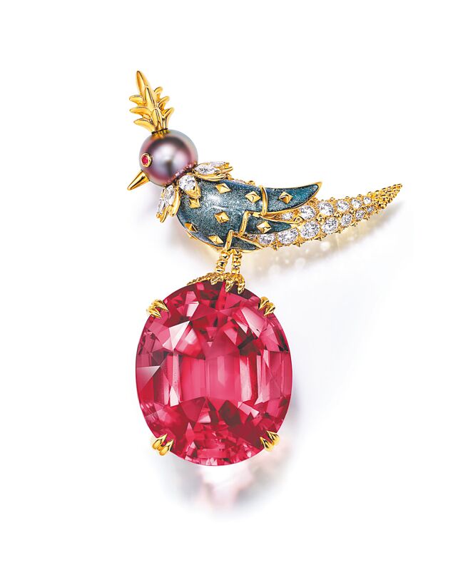 Jean Schlumberger by Tiffany高級珠寶系列「彩虹石上鳥」紅碧璽胸針，主石為重達62克拉紅碧璽。（Tiffany & Co.提供）