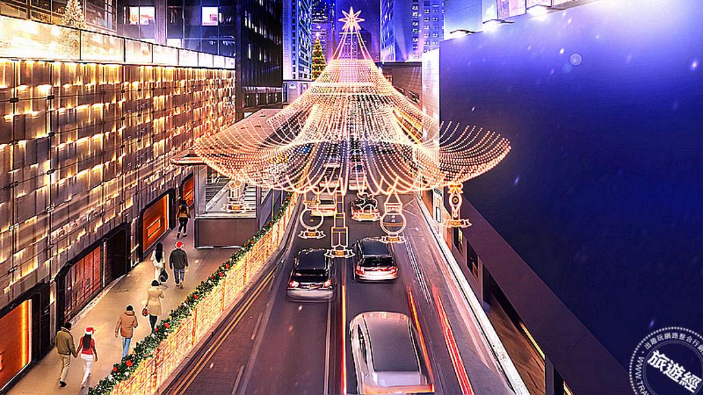 遮打大廈與行人天橋掛滿璀璨燈飾,每晚五點亮燈後,整條遮打道化身金光閃耀的「星光長廊」。圖片:港旅局提供