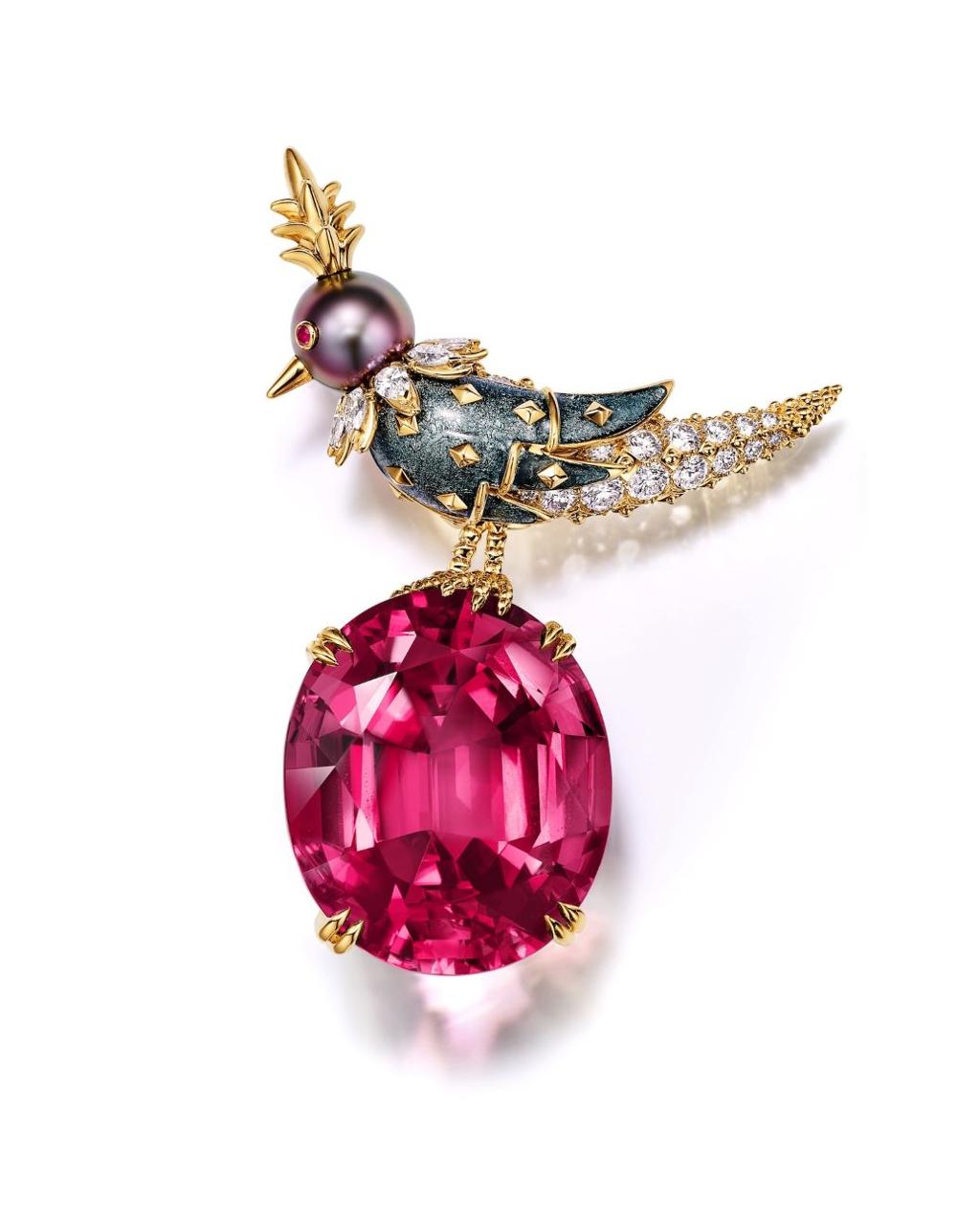 Jean Schlumberger by Tiffany高級珠寶系列「彩虹石上鳥」紅碧璽胸針，主石為重達62克拉紅碧璽。（圖／Tiffany & Co.）