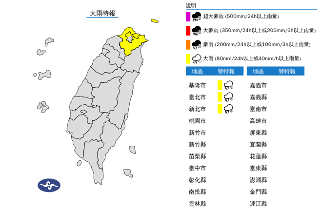 北北基大雨特报。（图取自中央气象署）
