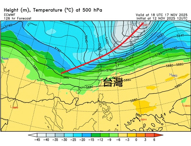 郑明典指出，气象图显示下周一「槽线够深」，将有一股较强的冷空气南下，全台降温很有感。（翻摄郑明典脸书）