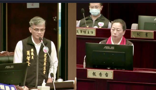 議會總質詢，議員簡智隆（左）詢問縣長徐榛蔚（右）是不是願意跟死傷鄉親致歉。（翻攝畫面）