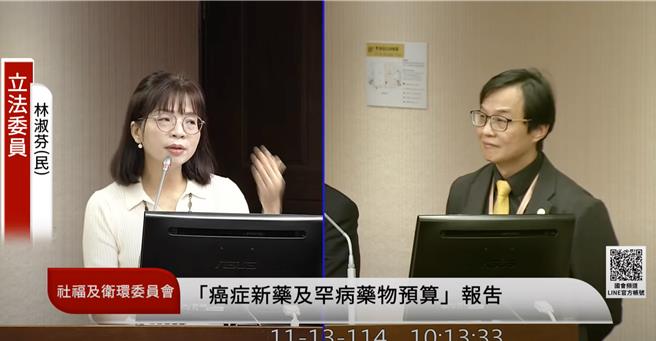 民进党立委林淑芬（左）指出，若食药署知道知道怎么养鸡，就知道风险高低，不应高举「不科学」，来拒绝更多管制手段，呼吁署长抛弃学者身分，进行源头管控、重建生产管理、加强查验，这都是责无旁贷要执行的项目。（翻摄取自国会频道）