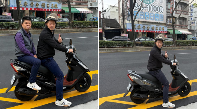 嘉義市議員郭定緯以AI生成「與警察局長陳明志騎機車雙載未戴安全帽」的畫面（左圖），在市議會進行質詢；右圖為原始照片畫面。（郭定緯服務處提供／呂妍庭嘉義傳真）