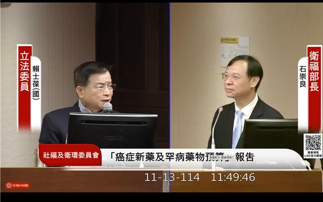 国民党立委赖士葆（左）建议卫福部把扣缴上限1000万拿掉。以去年所有现金股利试算，粗估可进帐485.3亿，「我敢得罪有钱人，你敢不敢？」。（翻摄自国会频道）