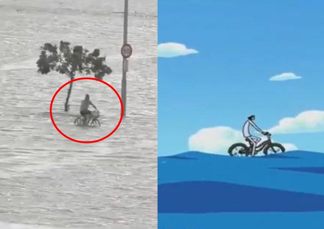 宜兰淹大水，民眾拍下有男子悠閒的在水中骑乘单车，网友直呼「海贼王上将青雉」。（翻摄爆废公社）