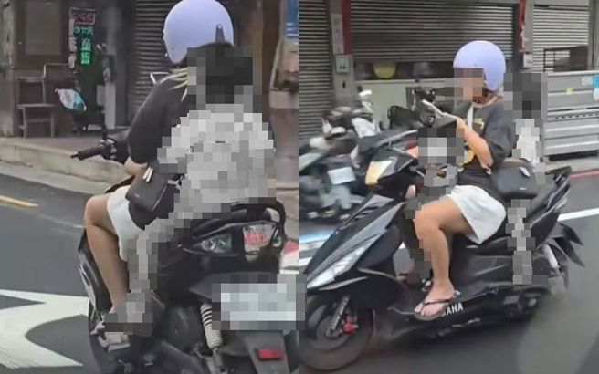 有民眾拍到一名媽媽騎車滑手機外，還載著兩名未戴安全帽的孩童。（圖／翻攝自臉書爆廢公社2公開版）