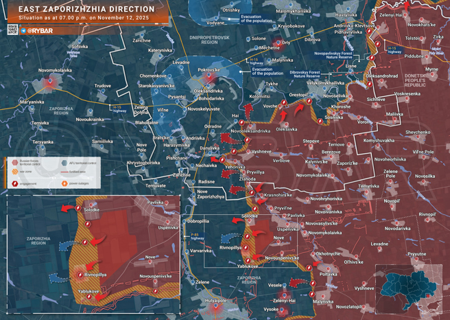 2025年11月12日，第聂伯州－扎波罗热州轴线、胡里艾伯勒（Hulyaipole）方向概况图。（Rybar团队授权使用）