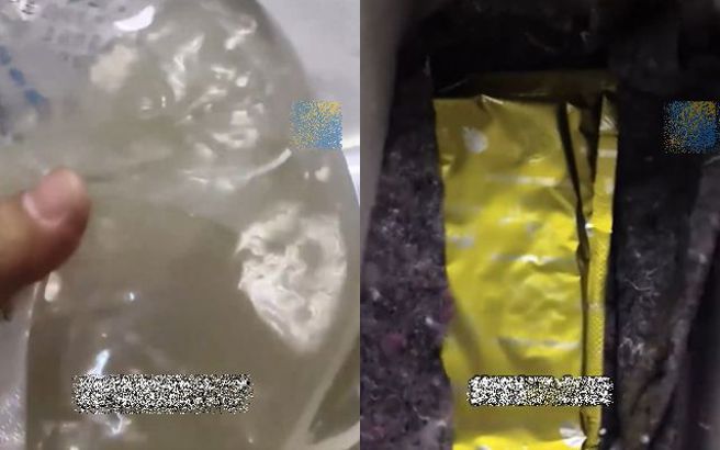 大陆有男子网购50条小鱼，竟只剩一袋水，并且发现包装盒内有加热包。（图／翻摄自微博）