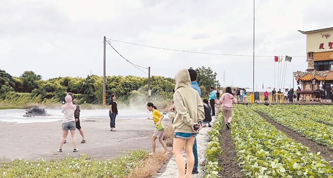 輕颱鳳凰12日尚未登陸時，屏東萬丹泥火山搶先噴發，由於天氣陰涼無雨，吸引不少人潮前往「朝聖」，意外成為颱風天奇景。（謝佳潾攝）