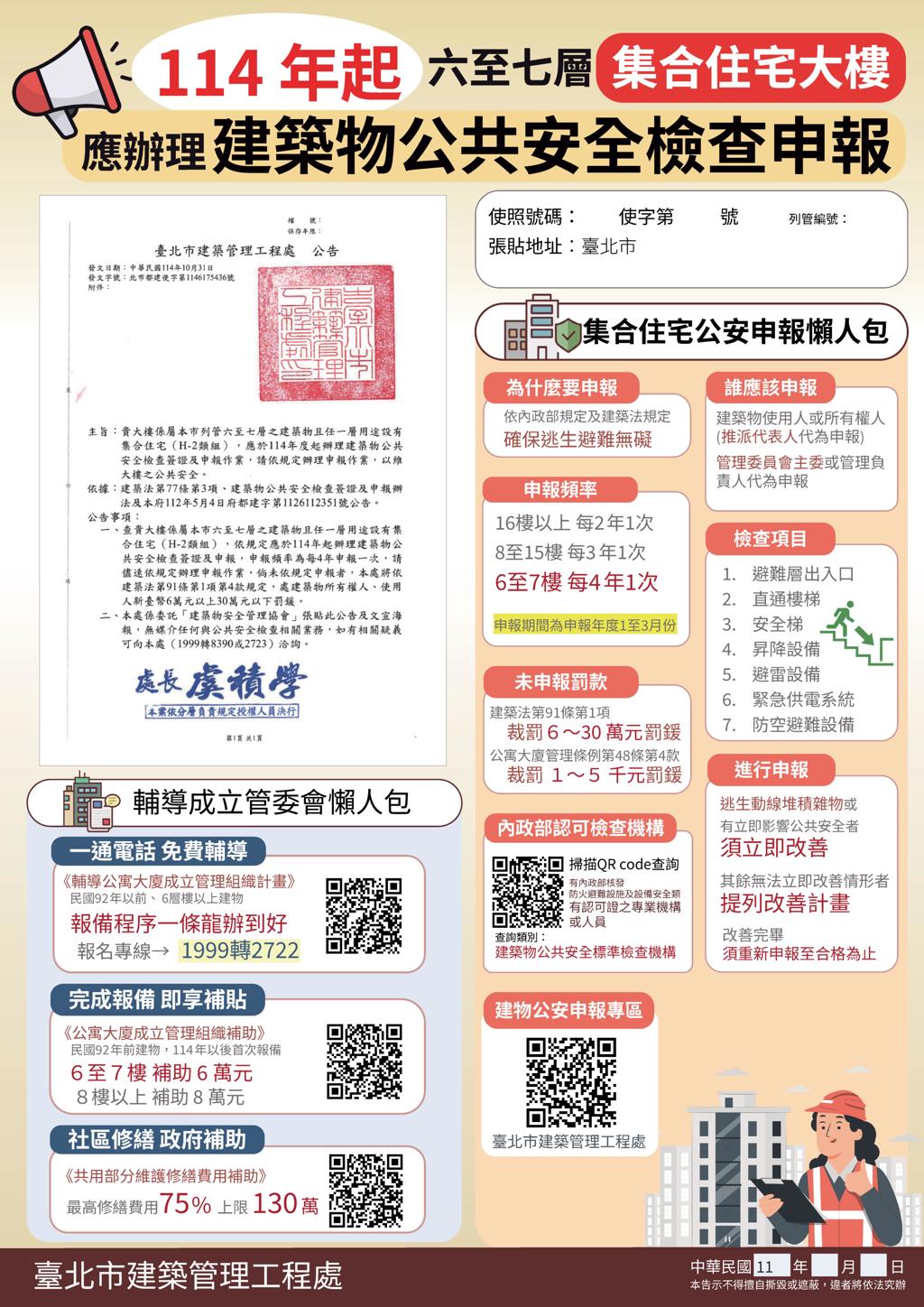 住宅大樓建築物公共安全檢查申報及輔導成立管委會文宣海報。(圖/北市建管處提供)