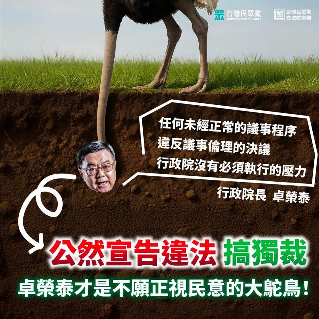 卓榮泰揚言不執行新版財劃法 民眾黨團批無視民意的鴕鳥