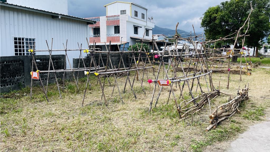 台東大學師生攜手建農里長者搭建復健型菜園，A字型棚架設計適合行動不便的長者，可依坐姿或站姿，在合適高度進行照顧。（蕭嘉蕙攝）