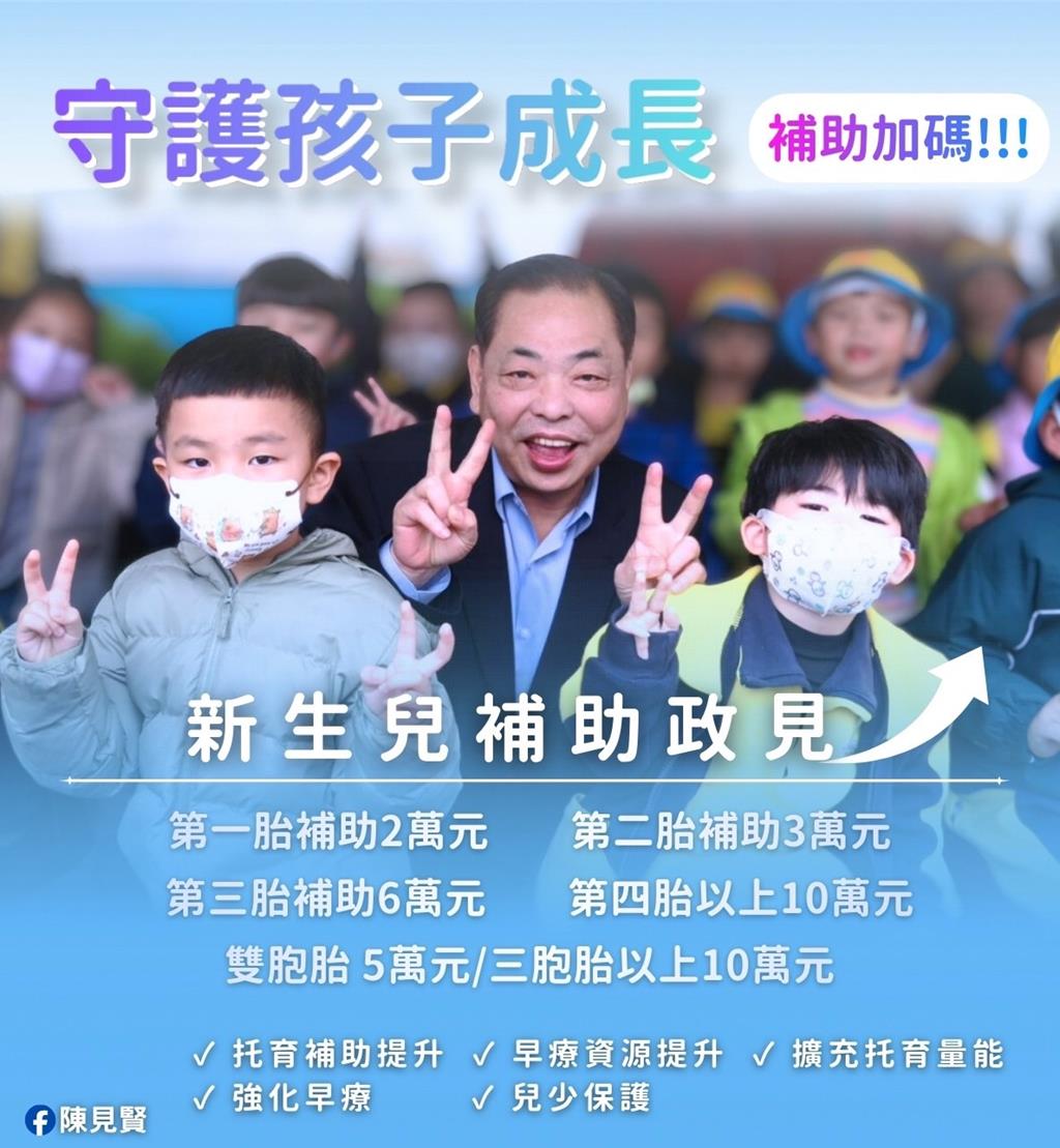 國民黨新竹縣長擬參選人、副縣長陳見賢5日宣布推出守護孩子成長的新政策，提出「新生兒補助加碼」。（取自陳見賢臉書）